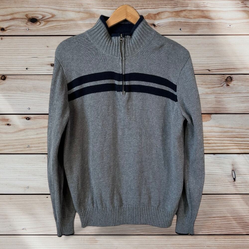 DOCKERS Men's 1/4 Zip Knit Cotton Striped Sweater Gray Medium Classic Pullover